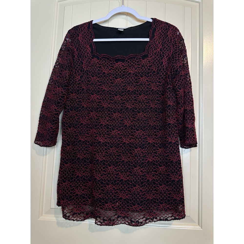 CJ Banks Women's 3/4 Sleeve Lined Lace red Blouse Top lined tunic Size XL